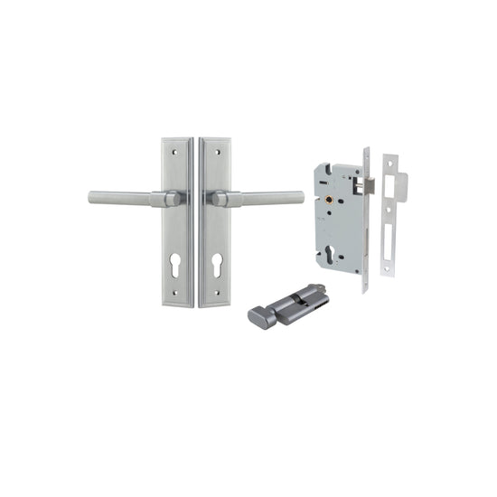 Door Lever Helsinki Stepped Euro Pair Brushed Chrome CTC85mm H237xW50xP44mm Entrance Kit, Mortice Lock Euro Brushed Chrome CTC85mm Backset 60mm, Euro Cylinder Key Thumb 6 Pin Brushed Chrome L70mm KA1 in Brushed Chrome