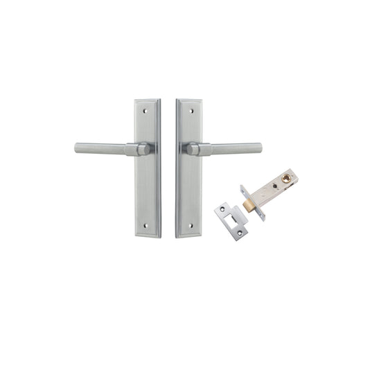 Door Lever Helsinki Stepped Latch Pair Brushed Chrome H237xW50xP44mm Passage Kit, Tube Latch Split Cam 'T' Striker Brushed Chrome Backset 60mm in Brushed Chrome