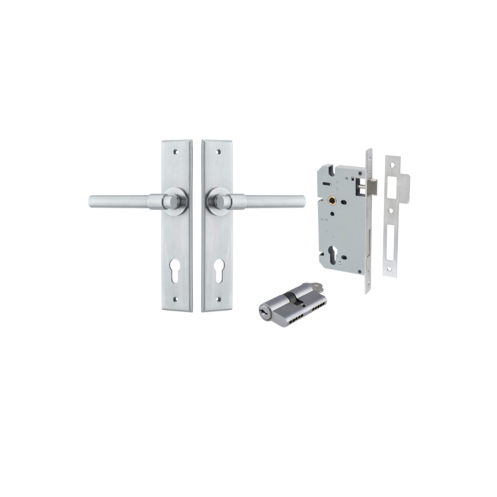 Door Lever Helsinki Chamfered Euro Pair Brushed Chrome CTC85mm L137xP60mm BPH240xW50mm, Mortice Lock Euro Brushed Chrome CTC85mm Backset 60mm, Euro Cylinder Dual Function 5 Pin Brushed Chrome 65mm KA4 in Brushed Chrome