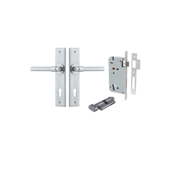 Door Lever Helsinki Chamfered Euro Pair Brushed Chrome CTC85mm L137xP60mm BPH240xW50mm, Mortice Lock Euro Brushed Chrome CTC85mm Backset 60mm, Euro Cylinder Key Thumb 5 Pin Brushed Chrome 65mm KA4 in Brushed Chrome