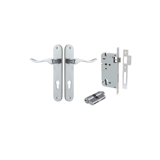 Door Lever Stirling Oval Euro Pair Brushed Chrome CTC85mm H240xW40xP64mm Entrance Kit, Mortice Lock Euro Brushed Chrome CTC85mm Backset 60mm, Euro Cylinder Dual Function 5 Pin Brushed Chrome L65mm KA1 in Brushed Chrome