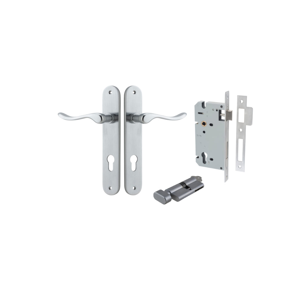 Door Lever Stirling Oval Euro Pair Brushed Chrome CTC85mm H240xW40xP64mm Entrance Kit, Mortice Lock Euro Brushed Chrome CTC85mm Backset 60mm, Euro Cylinder Key Thumb 6 Pin Brushed Chrome L70mm KA1 in Brushed Chrome