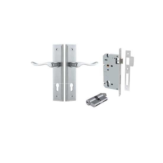 Door Lever Stirling Stepped Euro Pair Brushed Chrome CTC85mm H237xW50xP64mm Entrance Kit, Mortice Lock Euro Brushed Chrome CTC85mm Backset 60mm, Euro Cylinder Dual Function 5 Pin Brushed Chrome L65mm KA1 in Brushed Chrome