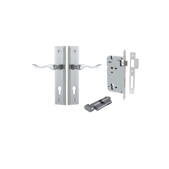 Door Lever Stirling Stepped Euro Pair Brushed Chrome CTC85mm H237xW50xP64mm Entrance Kit, Mortice Lock Euro Brushed Chrome CTC85mm Backset 60mm, Euro Cylinder Key Thumb 6 Pin Brushed Chrome L70mm KA1 in Brushed Chrome