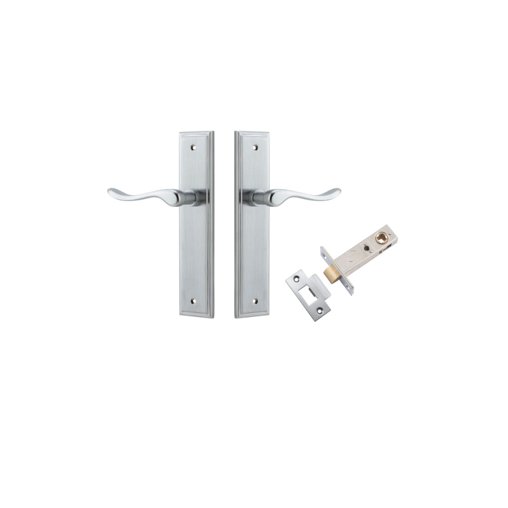 Door Lever Stirling Stepped Latch Pair Brushed Chrome H237xW50xP64mm Passage Kit, Tube Latch Split Cam 'T' Striker Brushed Chrome Backset 60mm in Brushed Chrome