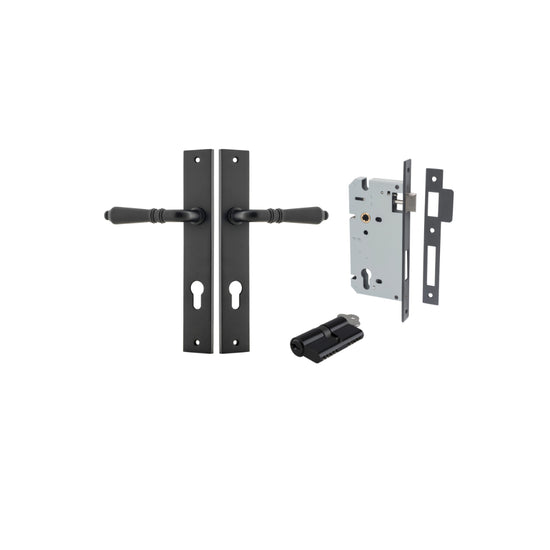 Door Lever Sarlat Rectangular Euro Matt Black CTC85mm H240xW38xP55mm Entrance Kit, Mortice Lock Euro Matt Black CTC85mm Backset 60mm, Euro Cylinder Dual Function 5 Pin Matt Black L65mm KA1 in Matt Black