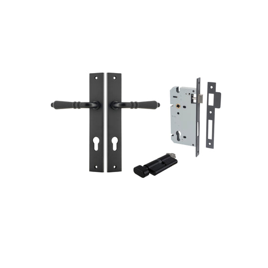 Door Lever Sarlat Rectangular Euro Matt Black CTC85mm H240xW38xP55mm Entrance Kit, Mortice Lock Euro Matt Black CTC85mm Backset 60mm, Euro Cylinder Key Thumb 6 Pin Matt Black L70mm KA1 in Matt Black