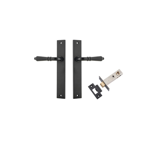 Door Lever Sarlat Rectangular Latch Matt Black H240xW38xP55mm Passage Kit, Tube Latch Split Cam 'T' Striker Matt Black Backset 60mm in Matt Black