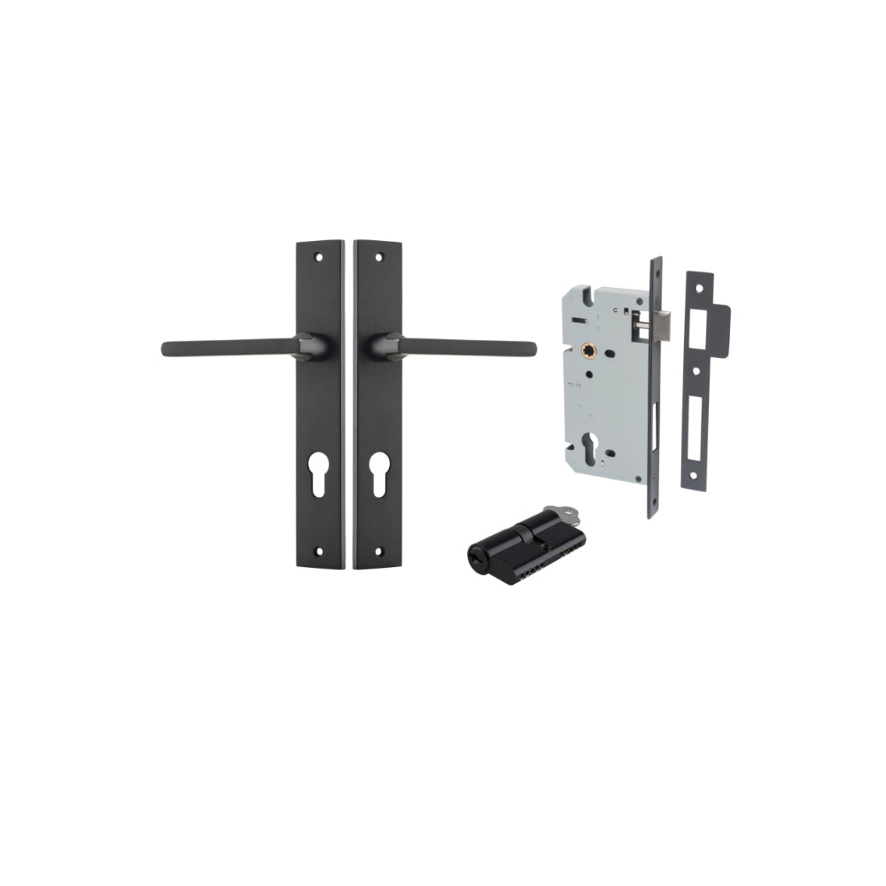 Door Lever Baltimore Rectangular Euro Matt Black CTC85mm H240xW38xP55mm Entrance Kit, Mortice Lock Euro Matt Black CTC85mm Backset 60mm, Euro Cylinder Dual Function 5 Pin Matt Black L65mm KA1 in Matt Black