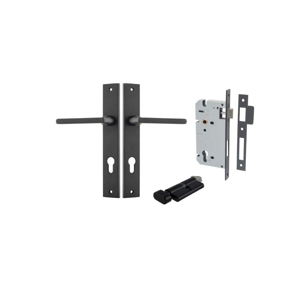 Door Lever Baltimore Rectangular Euro Matt Black CTC85mm H240xW38xP55mm Entrance Kit, Mortice Lock Euro Matt Black CTC85mm Backset 60mm, Euro Cylinder Key Thumb 6 Pin Matt Black L70mm KA1 in Matt Black