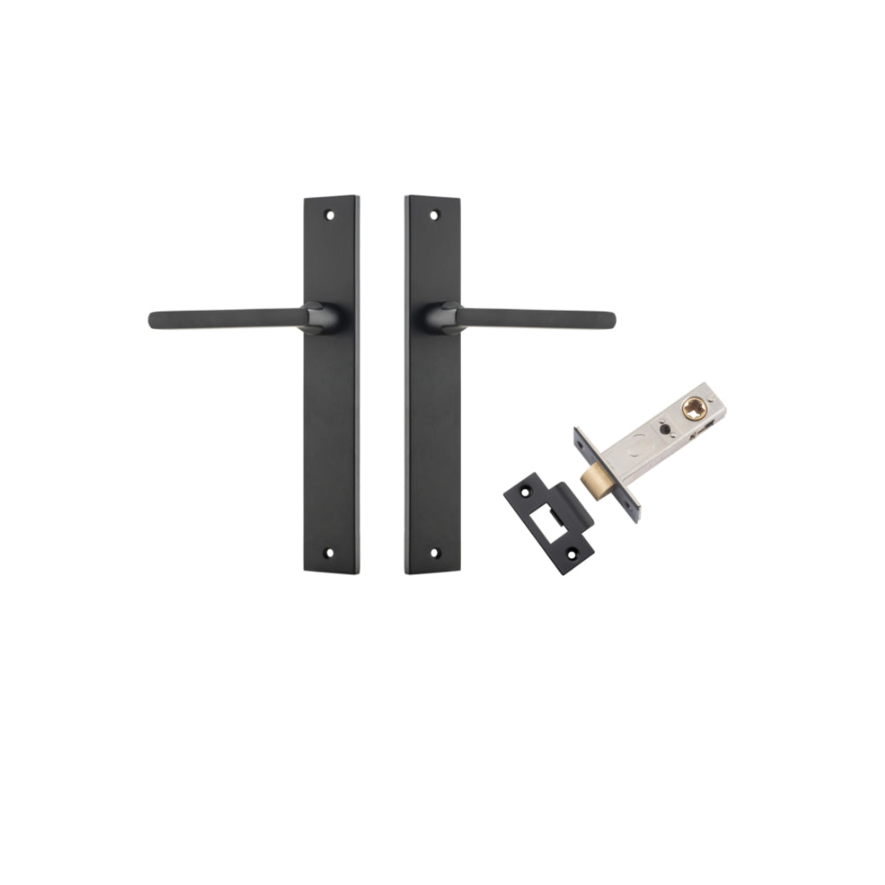 Door Lever Baltimore Rectangular Latch Matt Black H240xW38xP55mm Passage Kit, Tube Latch Split Cam 'T' Striker Matt Black Backset 60mm in Matt Black