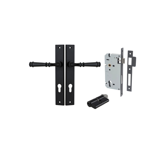 Door Lever Verona Rectangular Euro Matt Black CTC85mm H240xW38xP59mm Entrance Kit, Mortice Lock Euro Matt Black CTC85mm Backset 60mm, Euro Cylinder Dual Function 5 Pin Matt Black L65mm KA1 in Matt Black