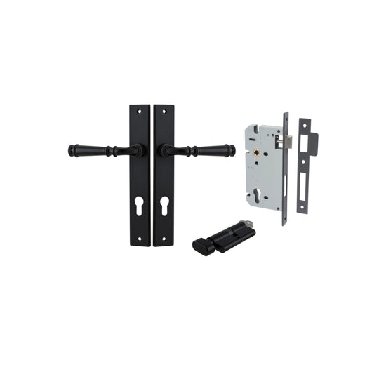 Door Lever Verona Rectangular Euro Matt Black CTC85mm H240xW38xP59mm Entrance Kit, Mortice Lock Euro Matt Black CTC85mm Backset 60mm, Euro Cylinder Key Thumb 6 Pin Matt Black L70mm KA1 in Matt Black