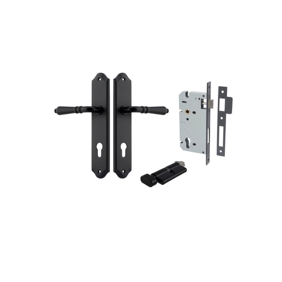 Door Lever Sarlat Shouldered Euro Matt Black CTC85mm H250xW48xP57mm Entrance Kit, Mortice Lock Euro Matt Black CTC85mm Backset 60mm, Euro Cylinder Key Thumb 6 Pin Matt Black L70mm KA1 in Matt Black