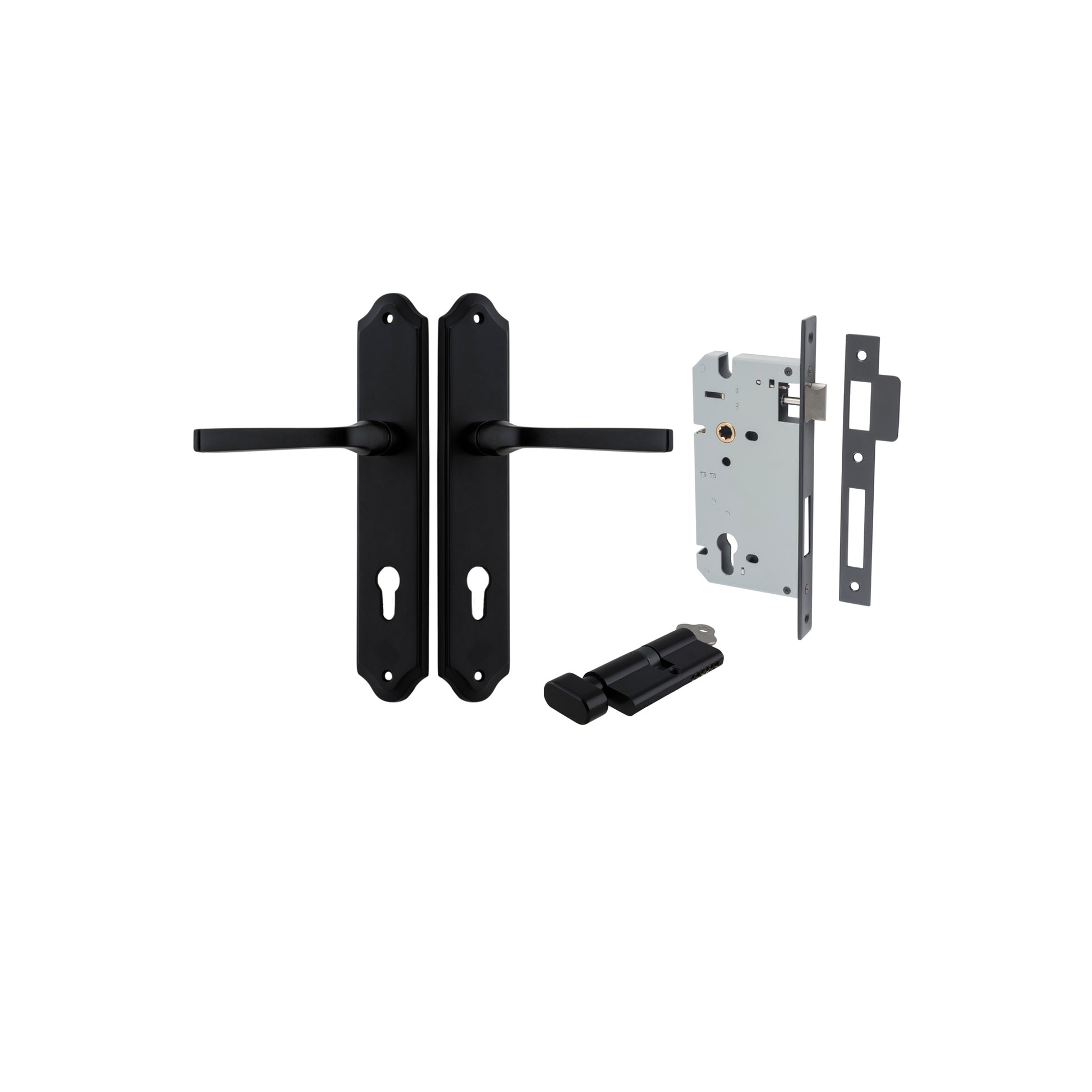 Door Lever Annecy Shouldered Euro Matt Black CTC85mm H240xW50xP65mm Entrance Kit, Mortice Lock Euro Matt Black CTC85mm Backset 60mm, Euro Cylinder Key Thumb 6 Pin Matt Black L70mm KA1 in Matt Black