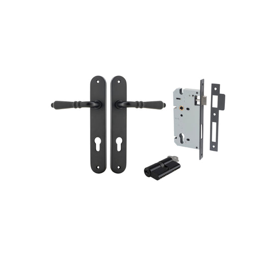 Door Lever Sarlat Oval Euro Matt Black CTC85mm H240xW40xP55mm Entrance Kit, Mortice Lock Euro Matt Black CTC85mm Backset 60mm, Euro Cylinder Dual Function 5 Pin Matt Black L65mm KA1 in Matt Black