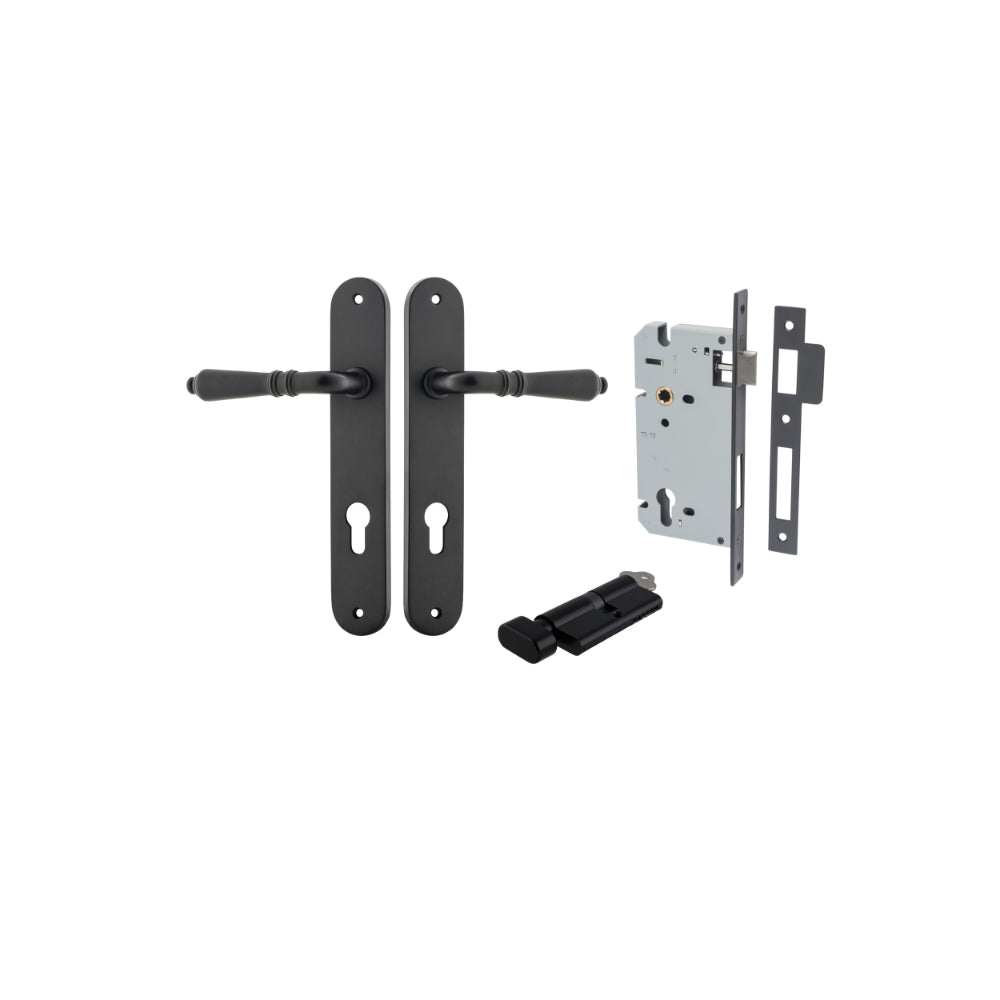 Door Lever Sarlat Oval Euro Matt Black CTC85mm H240xW40xP55mm Entrance Kit, Mortice Lock Euro Matt Black CTC85mm Backset 60mm, Euro Cylinder Key Thumb 6 Pin Matt Black L70mm KA1 in Matt Black