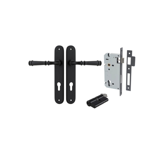 Door Lever Verona Oval Euro Matt Black CTC85mm H240xW40xP59mm Entrance Kit, Mortice Lock Euro Matt Black CTC85mm Backset 60mm, Euro Cylinder Dual Function 5 Pin Matt Black L65mm KA1 in Matt Black