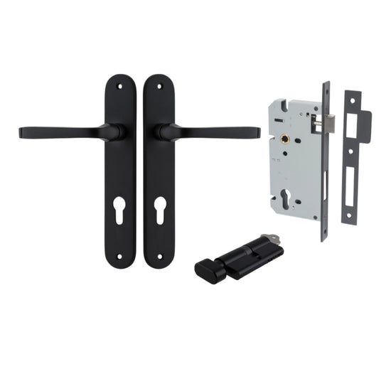 Door Lever Annecy Oval Euro Matt Black CTC85mm H240xW40xP62mm Entrance Kit, Mortice Lock Euro Matt Black CTC85mm Backset 60mm, Euro Cylinder Key Thumb 6 Pin Matt Black L70mm KA1 in Matt Black