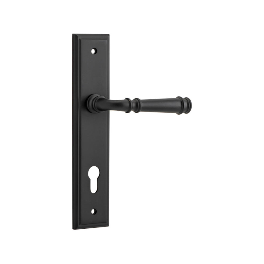 Door Lever Verona Stepped Euro Matt Black CTC85mm H237xW50xP59mm in Matt Black