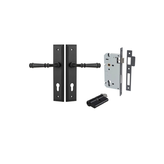 Door Lever Verona Stepped Euro Matt Black CTC85mm H240xW50xP59mm Entrance Kit, Mortice Lock Euro Matt Black CTC85mm Backset 60mm, Euro Cylinder Dual Function 5 Pin Matt Black L65mm KA1 in Matt Black