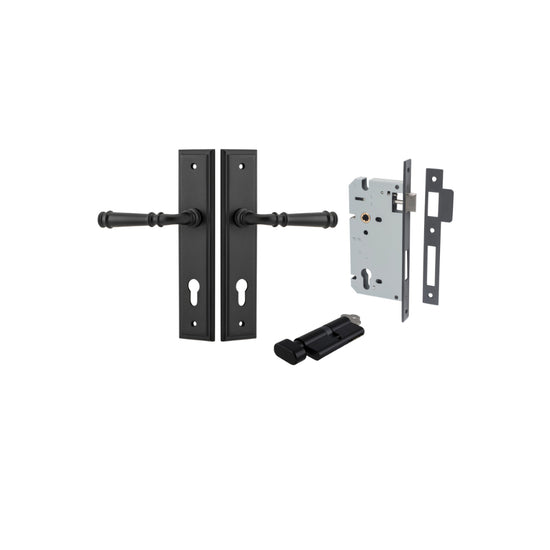 Door Lever Verona Stepped Euro Matt Black CTC85mm H240xW50xP59mm Entrance Kit, Mortice Lock Euro Matt Black CTC85mm Backset 60mm, Euro Cylinder Key Thumb 6 Pin Matt Black L70mm KA1 in Matt Black