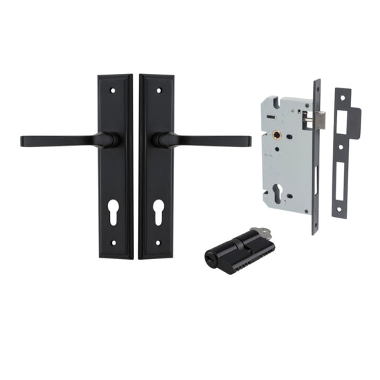 Door Lever Annecy Stepped Euro Matt Black CTC85mm H240xW50xP65mm Entrance Kit, Mortice Lock Euro Matt Black CTC85mm Backset 60mm, Euro Cylinder Dual Function 5 Pin Matt Black L65mm KA1 in Matt Black