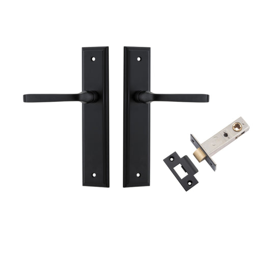 Door Lever Annecy Stepped Latch Matt Black H240xW50xP65mm Passage Kit, Tube Latch Split Cam 'T' Striker Matt Black Backset 60mm in Matt Black