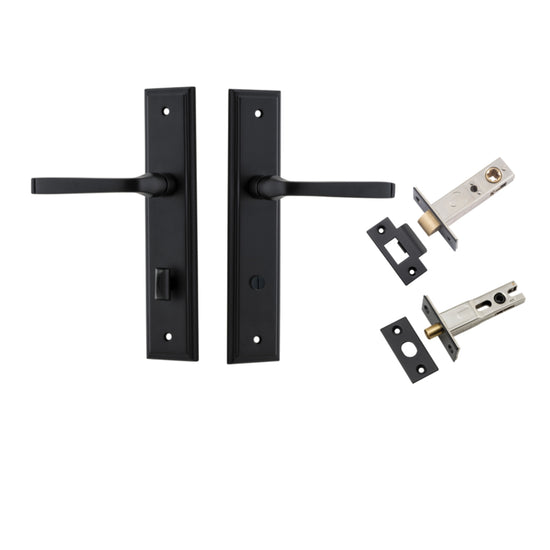 Door Lever Annecy Stepped Privacy Matt Black CTC85mm H240xW50xP65mm Inbuilt Privacy Kit, Tube Latch Split Cam 'T' Striker Matt Black Backset 60mm, Privacy Bolt Round Bolt Matt Black Backset 60mm in Matt Black