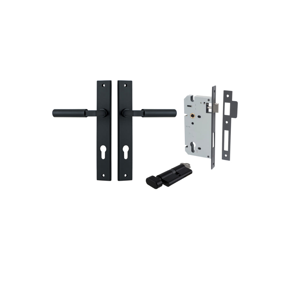 Door Lever Berlin Rectangular Euro Pair Matt Black CTC85mm L120xP57mm BPH240xW38mm, Mortice Lock Euro Matt Black CTC85mm Backset 60mm, Euro Cylinder Key Thumb 5 Pin Matt Black 65mm KA4 in Matt Black