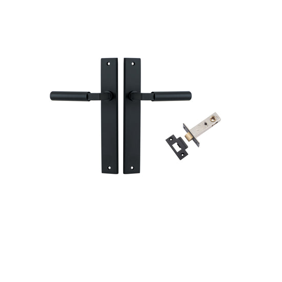 Door Lever Berlin Rectangular Matt Black L120xP57mm BPH240xW38mm Passage Kit, Tube Latch Split Cam 'T' Striker Matt Black Backset 60mm in Matt Black