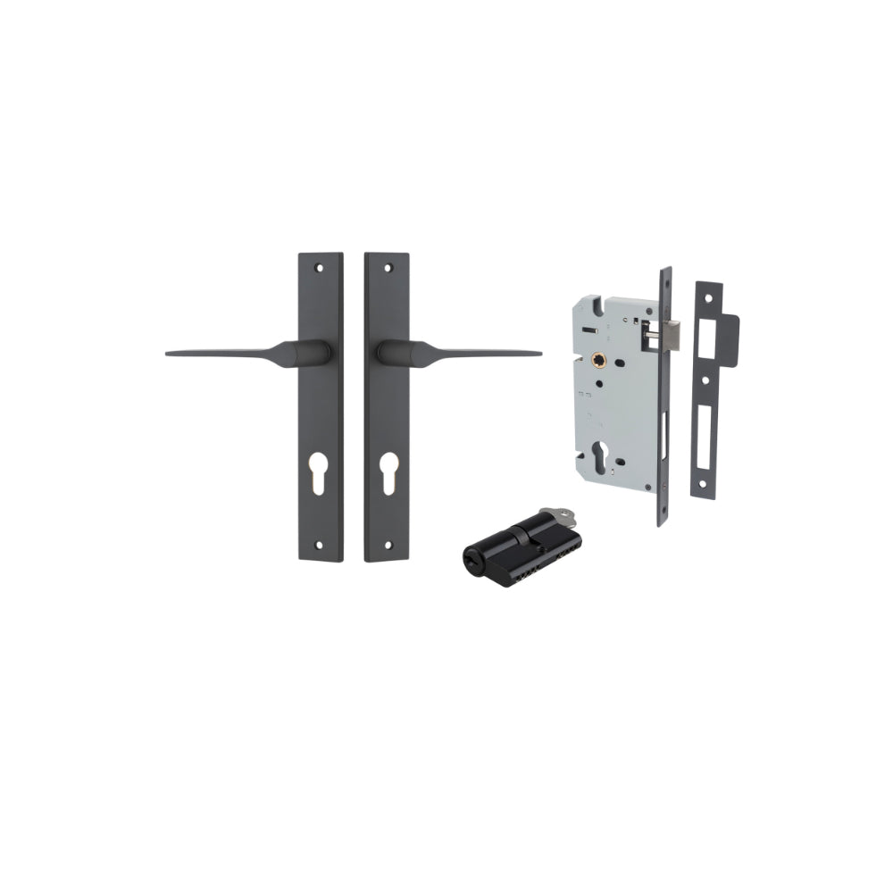 Door Lever Como Rectangular Euro Pair Matt Black CTC85mm L119xP59mm BPH240xW38mm, Mortice Lock Euro Matt Black CTC85mm Backset 60mm, Euro Cylinder Dual Function 5 Pin Matt Black 65mm KA4 in Matt Black