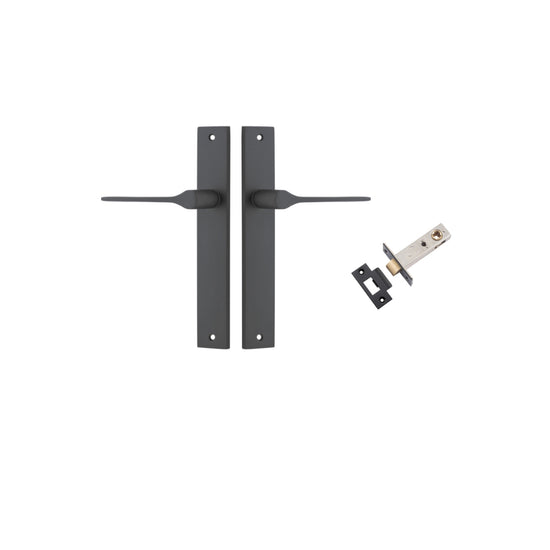 Door Lever Como Rectangular Matt Black L119xP59mm BPH240xW38mm Passage Kit, Tube Latch Split Cam 'T' Striker Matt Black Backset 60mm in Matt Black