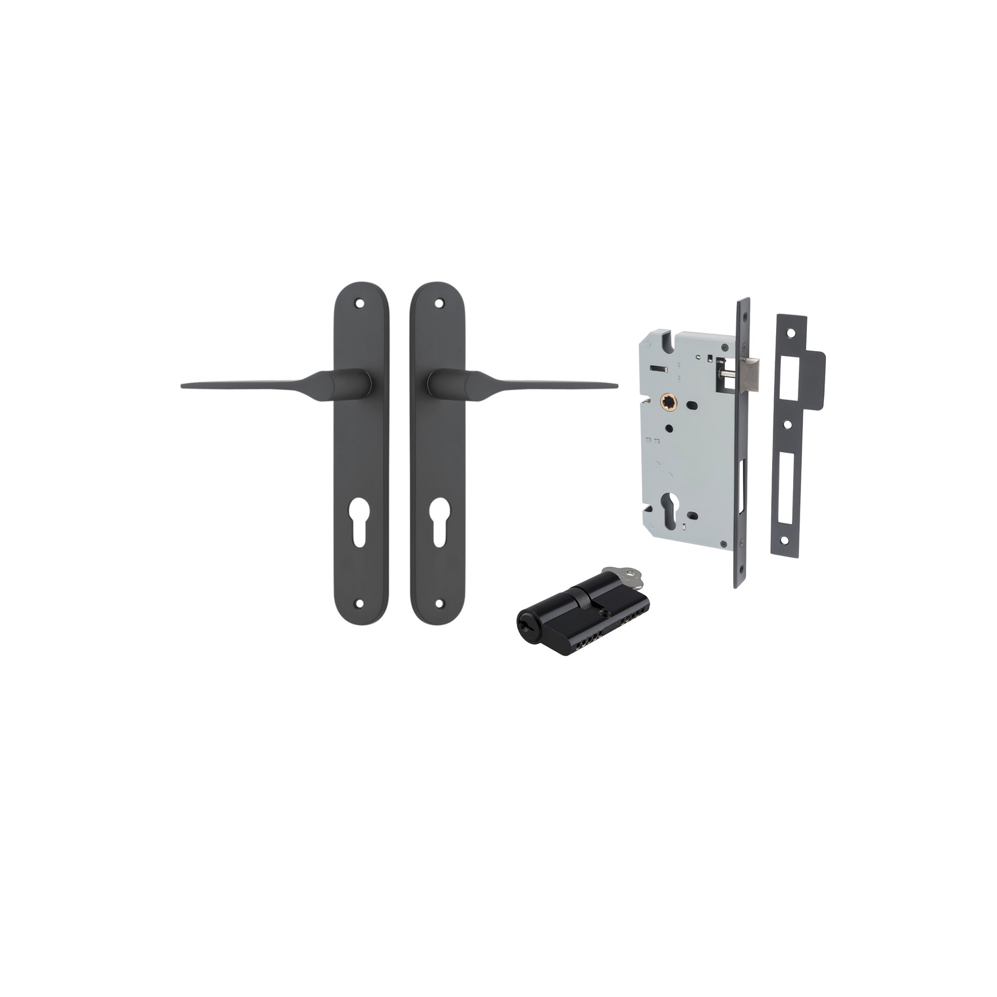 Door Lever Como Oval Euro Pair Matt Black CTC85mm L119xP59mm BPH240xW40mm, Mortice Lock Euro Matt Black CTC85mm Backset 60mm, Euro Cylinder Dual Function 5 Pin Matt Black 65mm KA4 in Matt Black