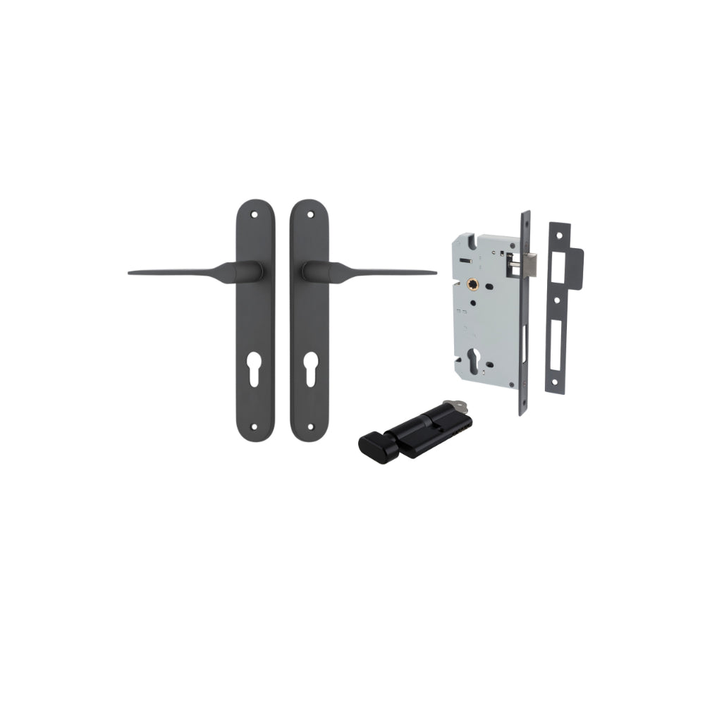 Door Lever Como Oval Euro Pair Matt Black CTC85mm L119xP59mm BPH240xW40mm, Mortice Lock Euro Matt Black CTC85mm Backset 60mm, Euro Cylinder Key Thumb 5 Pin Matt Black 65mm KA4 in Matt Black