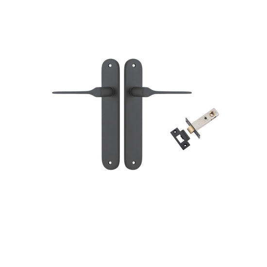 Door Lever Como Oval Matt Black L119xP59mm BPH240xW40mm Passage Kit, Tube Latch Split Cam 'T' Striker Matt Black Backset 60mm in Matt Black