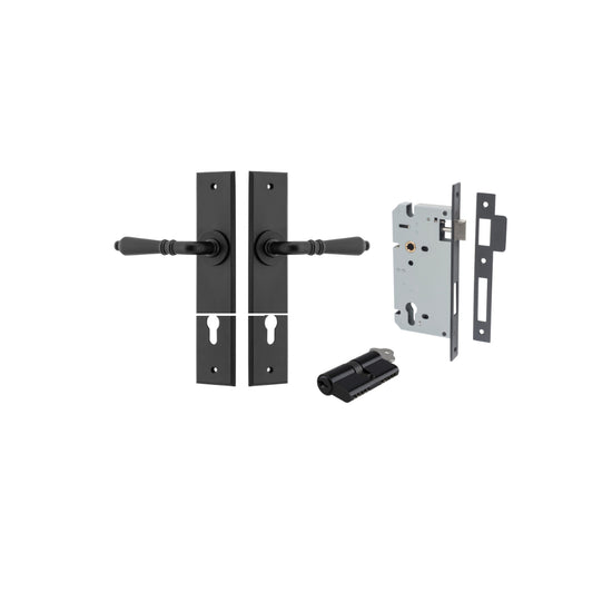 Door Lever Sarlat Chamfered Euro Pair Matt Black CTC85mm L111xP55mm BPH240xW50mm, Mortice Lock Euro Matt Black CTC85mm Backset 60mm, Euro Cylinder Dual Function 5 Pin Matt Black 65mm KA4 in Matt Black