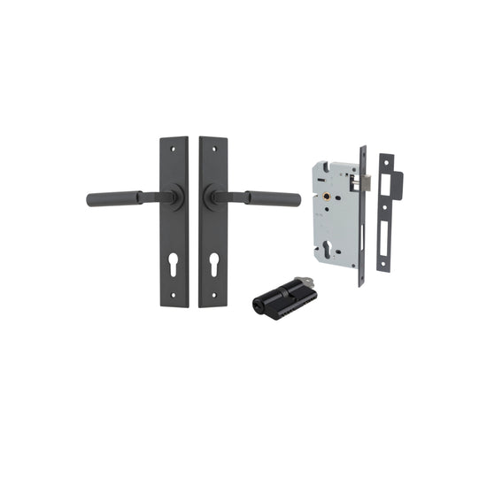 Door Lever Berlin Chamfered Euro Pair Matt Black CTC85mm L120xP59mm BPH240xW50mm, Mortice Lock Euro Matt Black CTC85mm Backset 60mm, Euro Cylinder Dual Function 5 Pin Matt Black 65mm KA4 in Matt Black