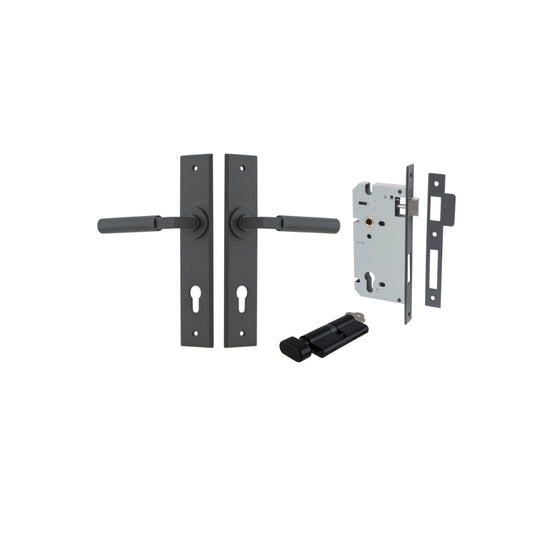 Door Lever Berlin Chamfered Euro Pair Matt Black CTC85mm L120xP59mm BPH240xW50mm, Mortice Lock Euro Matt Black CTC85mm Backset 60mm, Euro Cylinder Key Thumb 5 Pin Matt Black 65mm KA4 in Matt Black