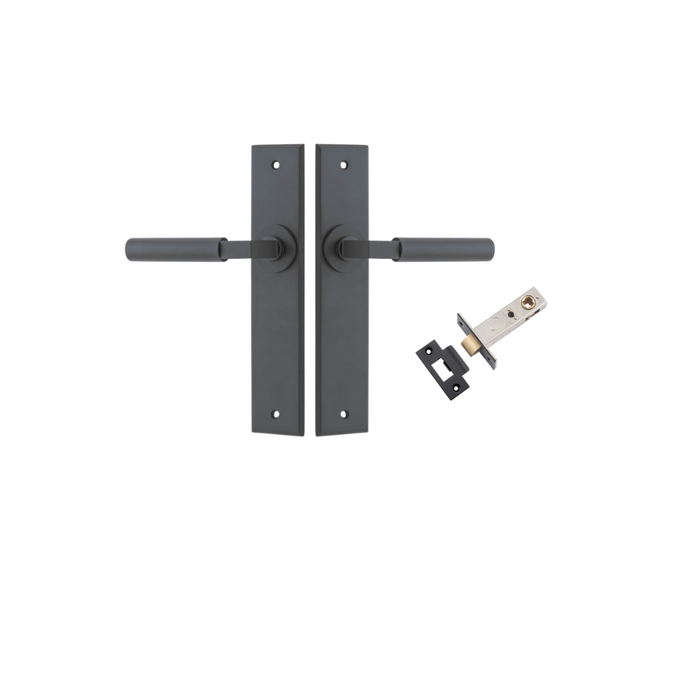 Door Lever Berlin Chamfered Matt Black L120xP59mm BPH240xW50mm Passage Kit, Tube Latch Split Cam 'T' Striker Matt Black Backset 60mm in Matt Black