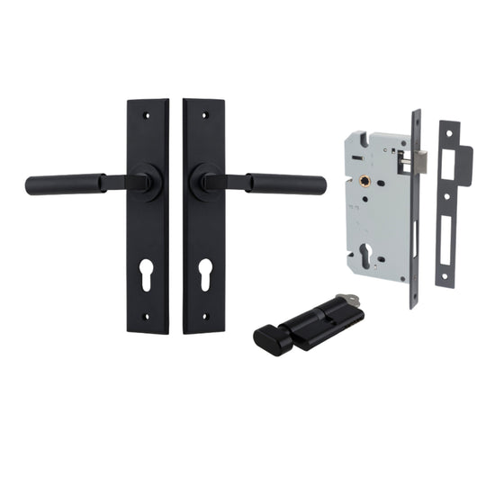 Door Lever Brunswick Chamfered Euro Pair Matt Black CTC85mm L120xP59mm BPH240xW50mm, Mortice Lock Euro Matt Black CTC85mm Backset 60mm, Euro Cylinder Key Thumb 5 Pin Matt Black 65mm KA4 in Matt Black