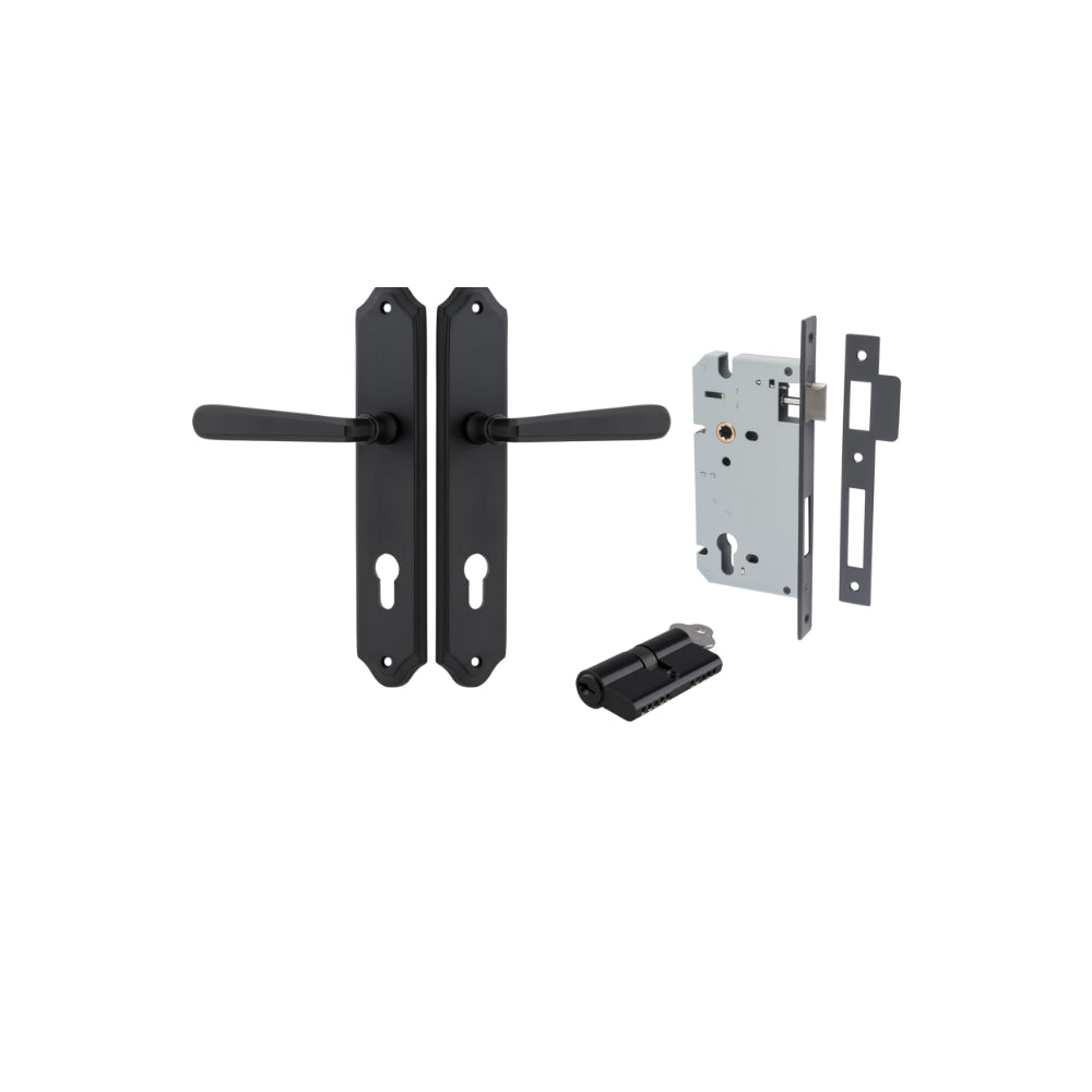 Door Lever Copenhagen Shouldered Euro Pair Matt Black CTC85mm H250xW48xP61mm Entrance Kit, Mortice Lock Euro Matt Black CTC85mm Backset 60mm, Euro Cylinder Dual Function 5 Pin Matt Black L65mm KA1 in Matt Black