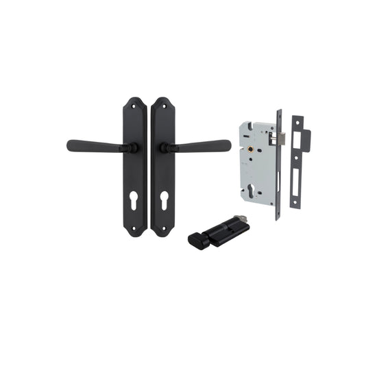 Door Lever Copenhagen Shouldered Euro Pair Matt Black CTC85mm H250xW48xP61mm Entrance Kit, Mortice Lock Euro Matt Black CTC85mm Backset 60mm, Euro Cylinder Key Thumb 6 Pin Matt Black L70mm KA1 in Matt Black