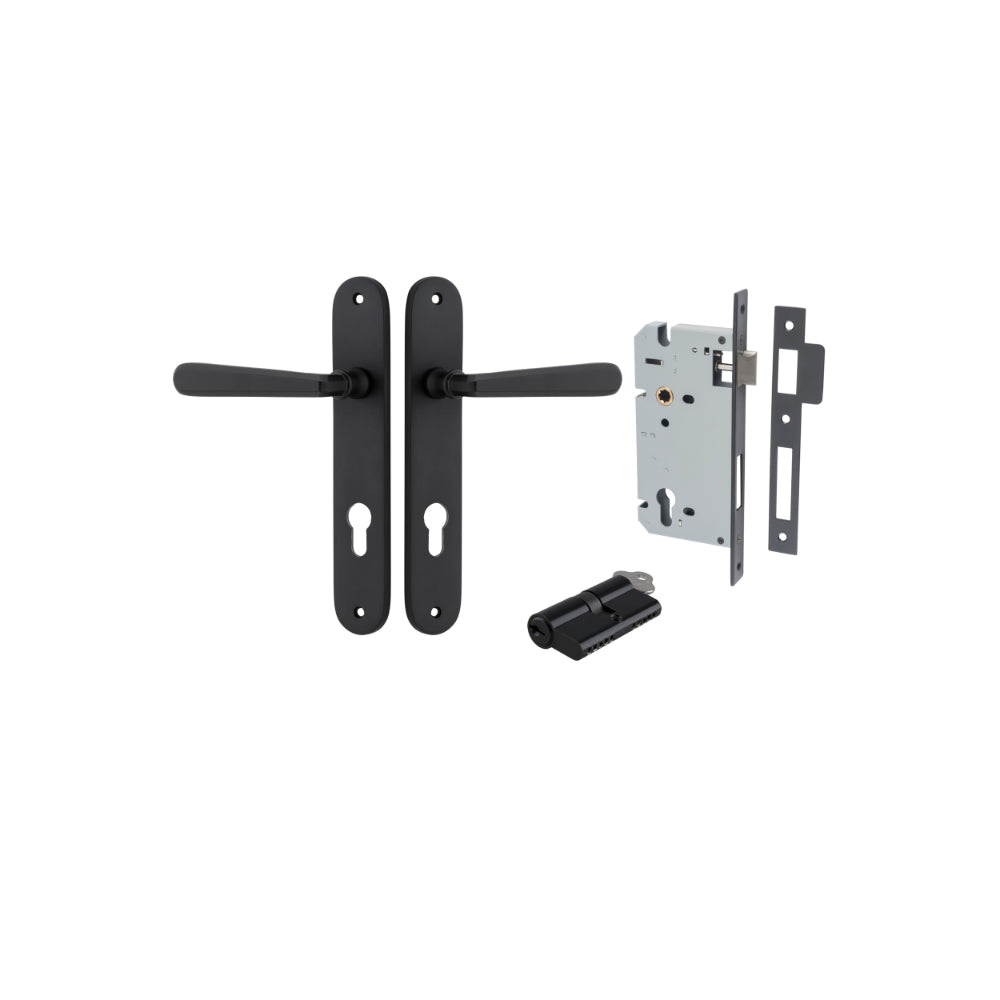 Door Lever Copenhagen Oval Euro Pair Matt Black CTC85mm H240xW40xP61mm Entrance Kit, Mortice Lock Euro Matt Black CTC85mm Backset 60mm, Euro Cylinder Dual Function 5 Pin Matt Black L65mm KA1 in Matt Black