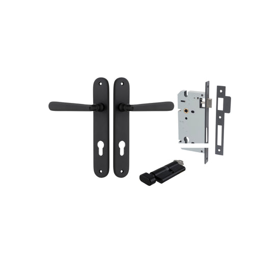 Door Lever Copenhagen Oval Euro Pair Matt Black CTC85mm H240xW40xP61mm Entrance Kit, Mortice Lock Euro Matt Black CTC85mm Backset 60mm, Euro Cylinder Key Thumb 6 Pin Matt Black L70mm KA1 in Matt Black