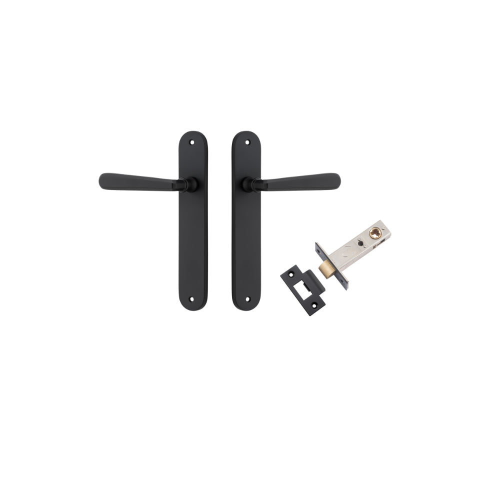 Door Lever Copenhagen Oval Latch Pair Matt Black H240xW40xP61mm Passage Kit, Tube Latch Split Cam 'T' Striker Matt Black Backset 60mm in Matt Black