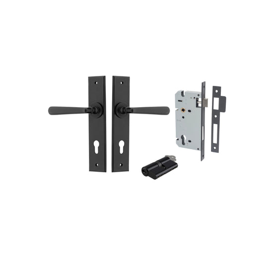 Door Lever Copenhagen Chamfered Euro Pair Matt Black CTC85mm L120xP59mm BPH240xW50mm, Mortice Lock Euro Matt Black CTC85mm Backset 60mm, Euro Cylinder Dual Function 5 Pin Matt Black 65mm KA4 in Matt Black