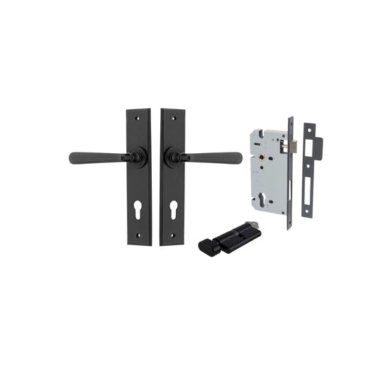 Door Lever Copenhagen Chamfered Euro Pair Matt Black CTC85mm L120xP59mm BPH240xW50mm, Mortice Lock Euro Matt Black CTC85mm Backset 60mm, Euro Cylinder Key Thumb 5 Pin Matt Black 65mm KA4 in Matt Black