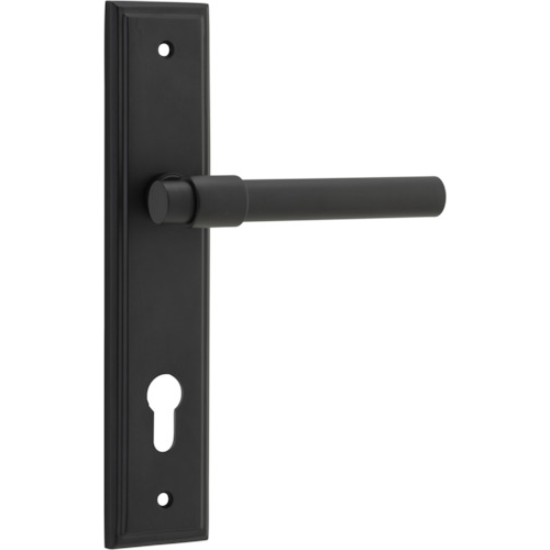 Door Lever Helsinki Stepped Euro Pair Matt Black CTC85mm H237xW50xP44mm in Matt Black