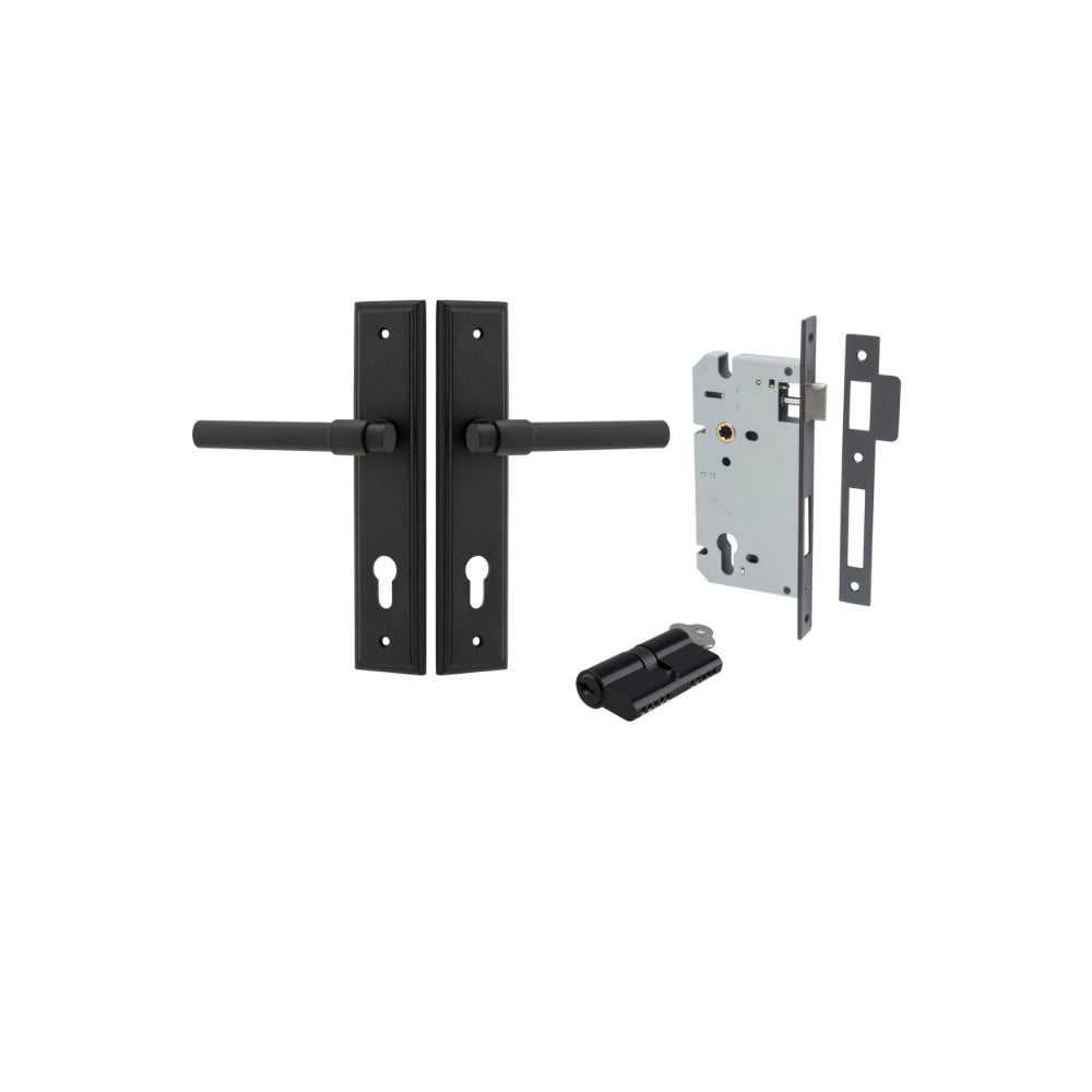 Door Lever Helsinki Stepped Euro Pair Matt Black CTC85mm H237xW50xP44mm Entrance Kit, Mortice Lock Euro Matt Black CTC85mm Backset 60mm, Euro Cylinder Dual Function 5 Pin Matt Black L65mm KA1 in Matt Black